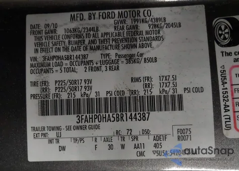 2011 Ford Fusion Se z USA, uszkodzony, nr VIN 3FAHP0HA5BR144387